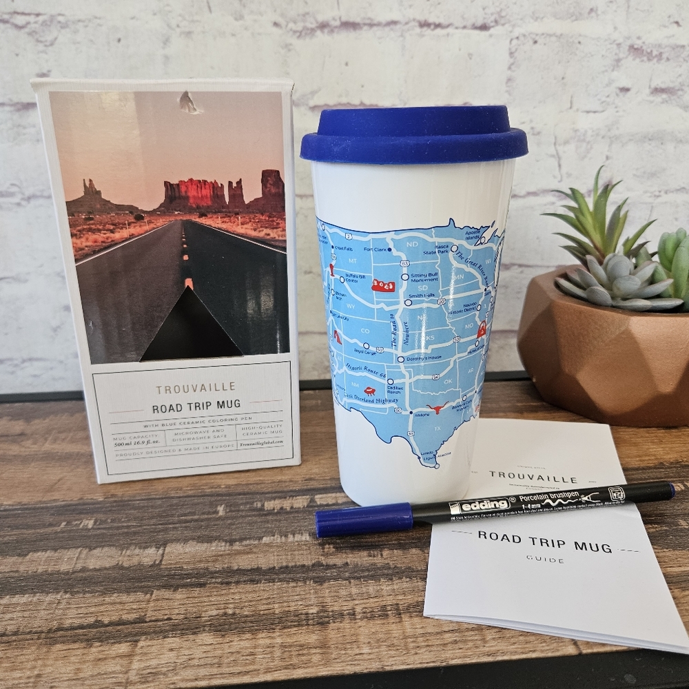 Trouvaille Road Trip Map Ceramic Mug with Coloring Pen NEW in Box